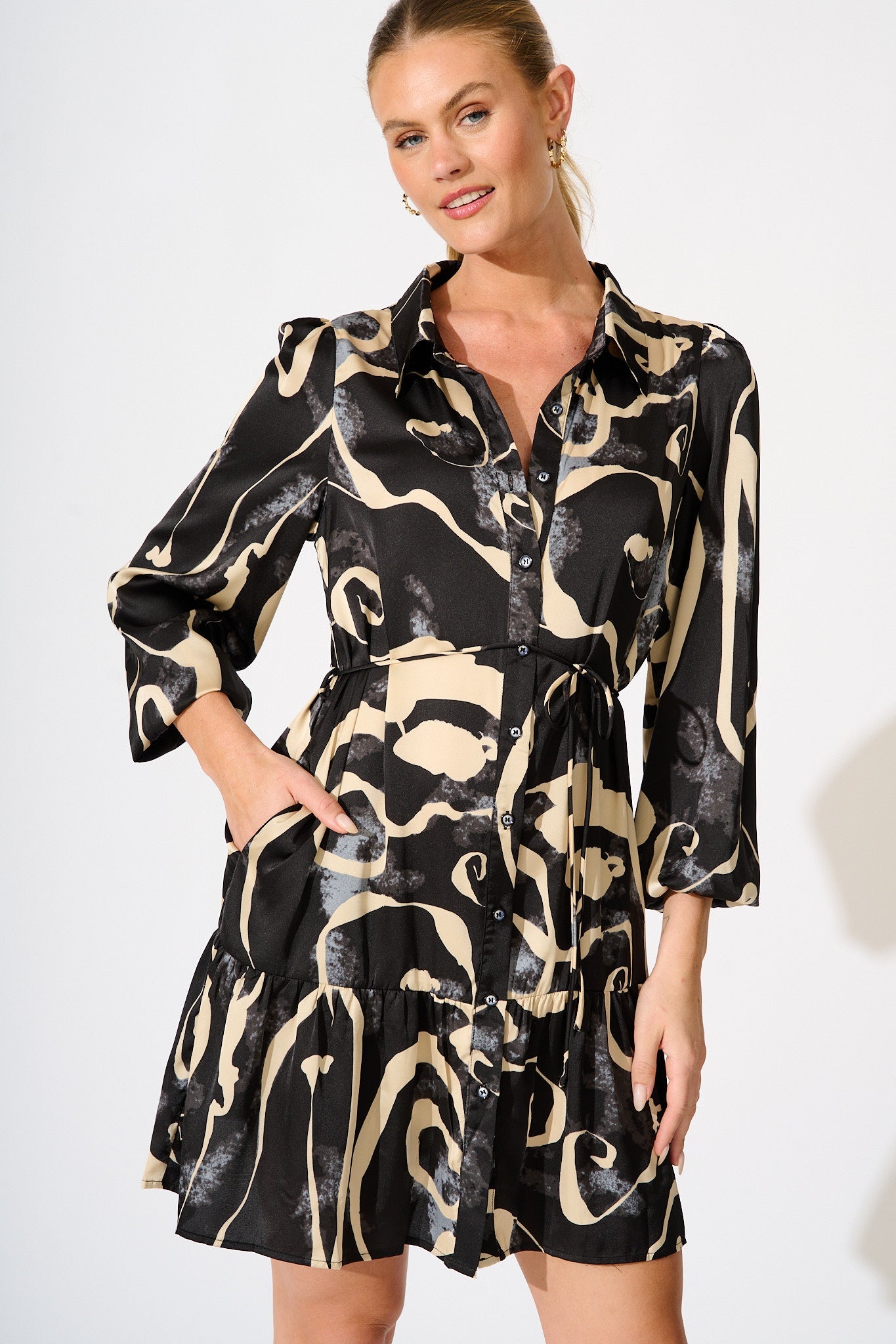 Marge Shirt Dress in Black and Cream Satin