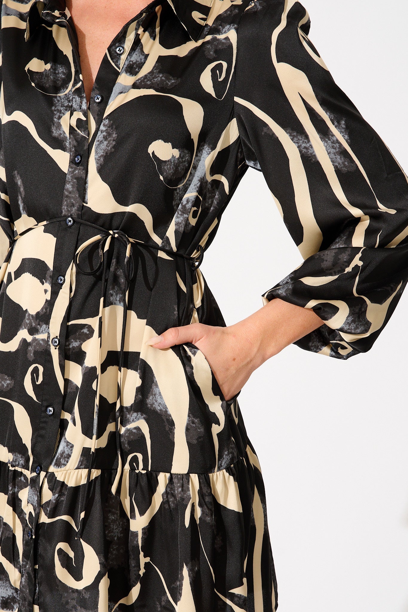 Marge Shirt Dress in Black and Cream Satin