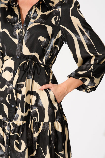Marge Shirt Dress in Black and Cream Satin