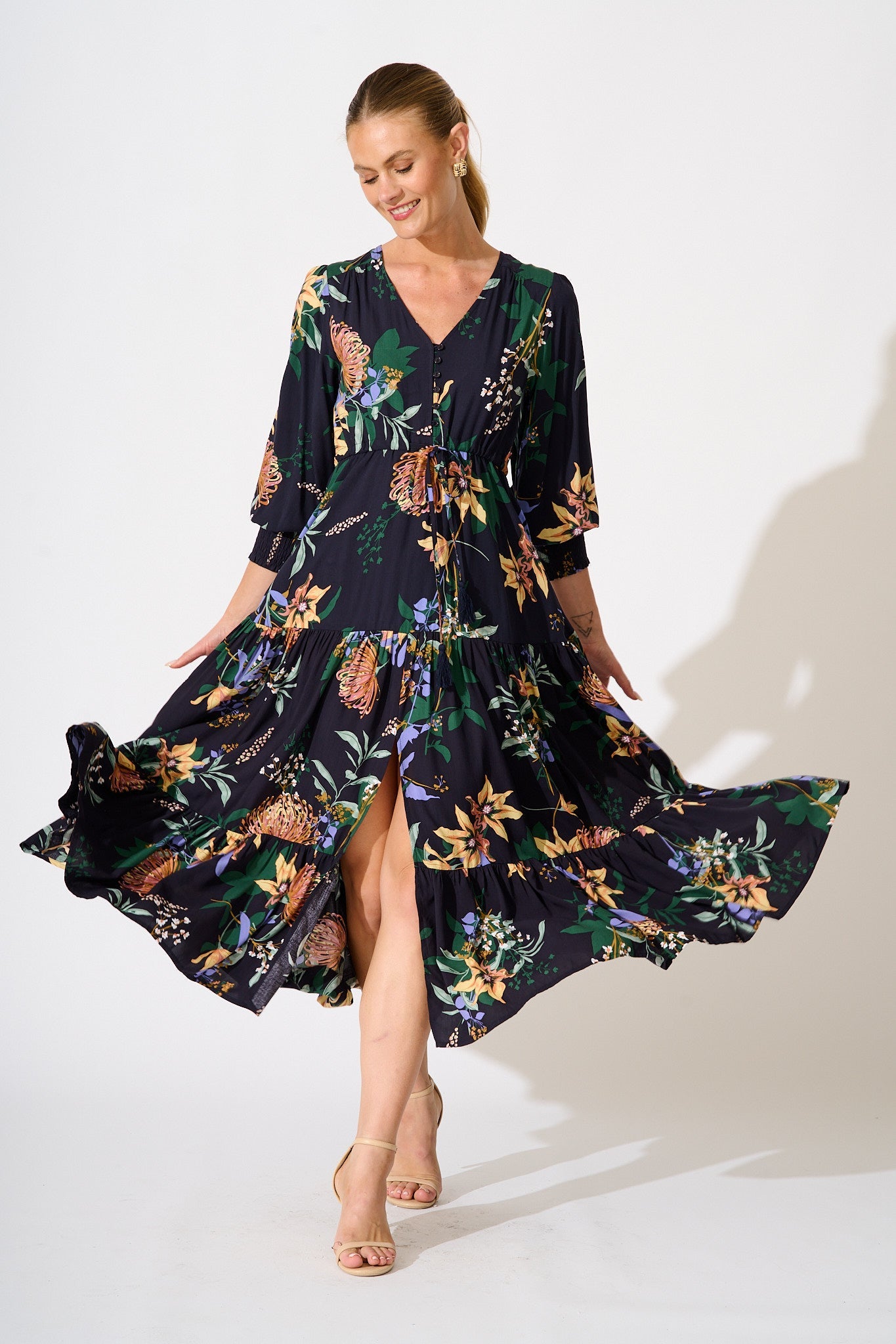 Francis Midi Dress in Navy with Multi Floral