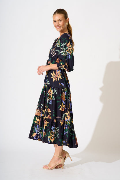 Francis Midi Dress in Navy with Multi Floral