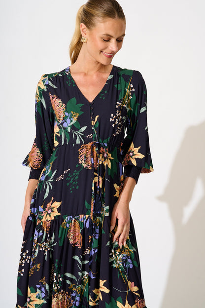 Francis Midi Dress in Navy with Multi Floral