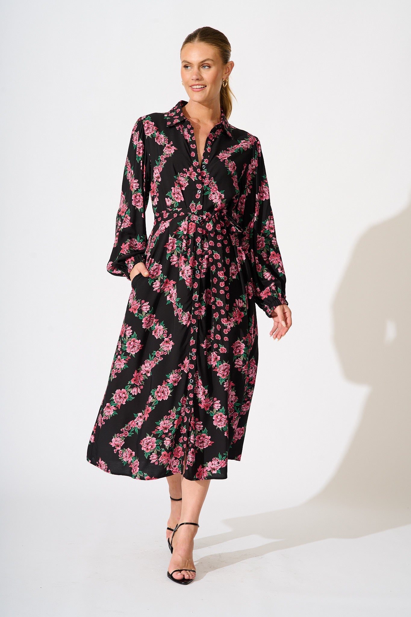 Harlee Midi Shirt Dress in Black with Pink Floral