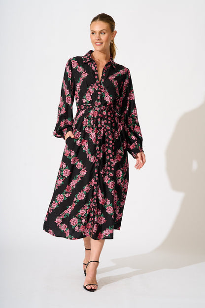 Harlee Midi Shirt Dress in Black with Pink Floral