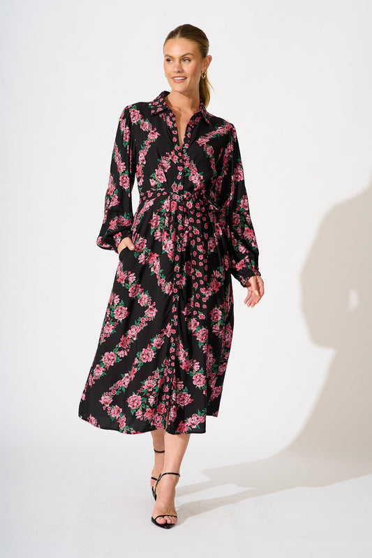 Harlee Midi Shirt Dress in Black with Pink Floral