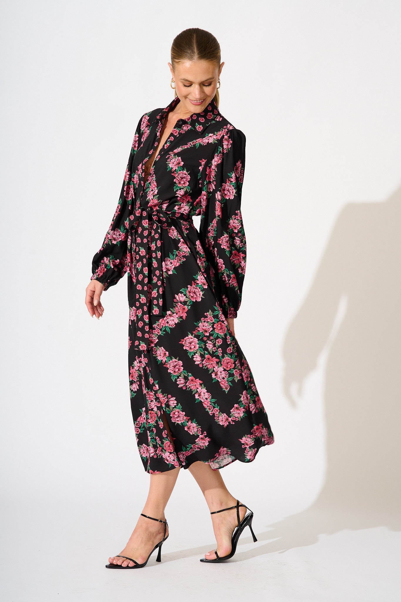 Harlee Midi Shirt Dress in Black with Pink Floral