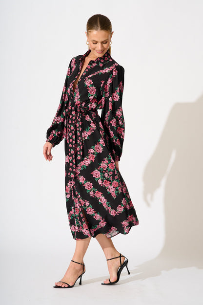 Harlee Midi Shirt Dress in Black with Pink Floral