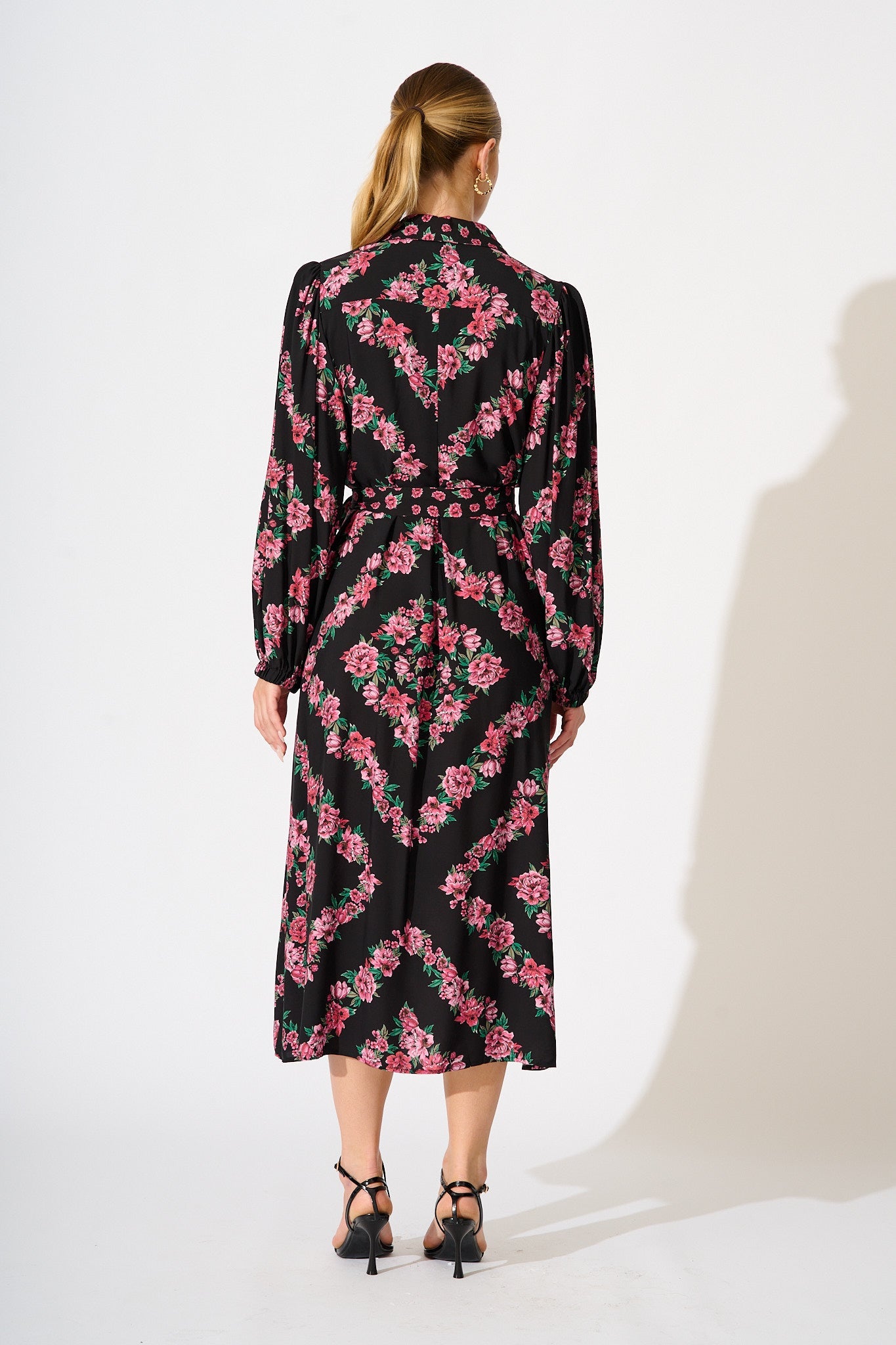 Harlee Midi Shirt Dress in Black with Pink Floral