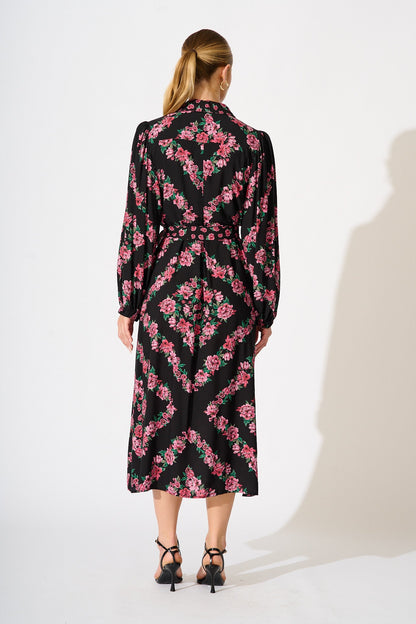 Harlee Midi Shirt Dress in Black with Pink Floral