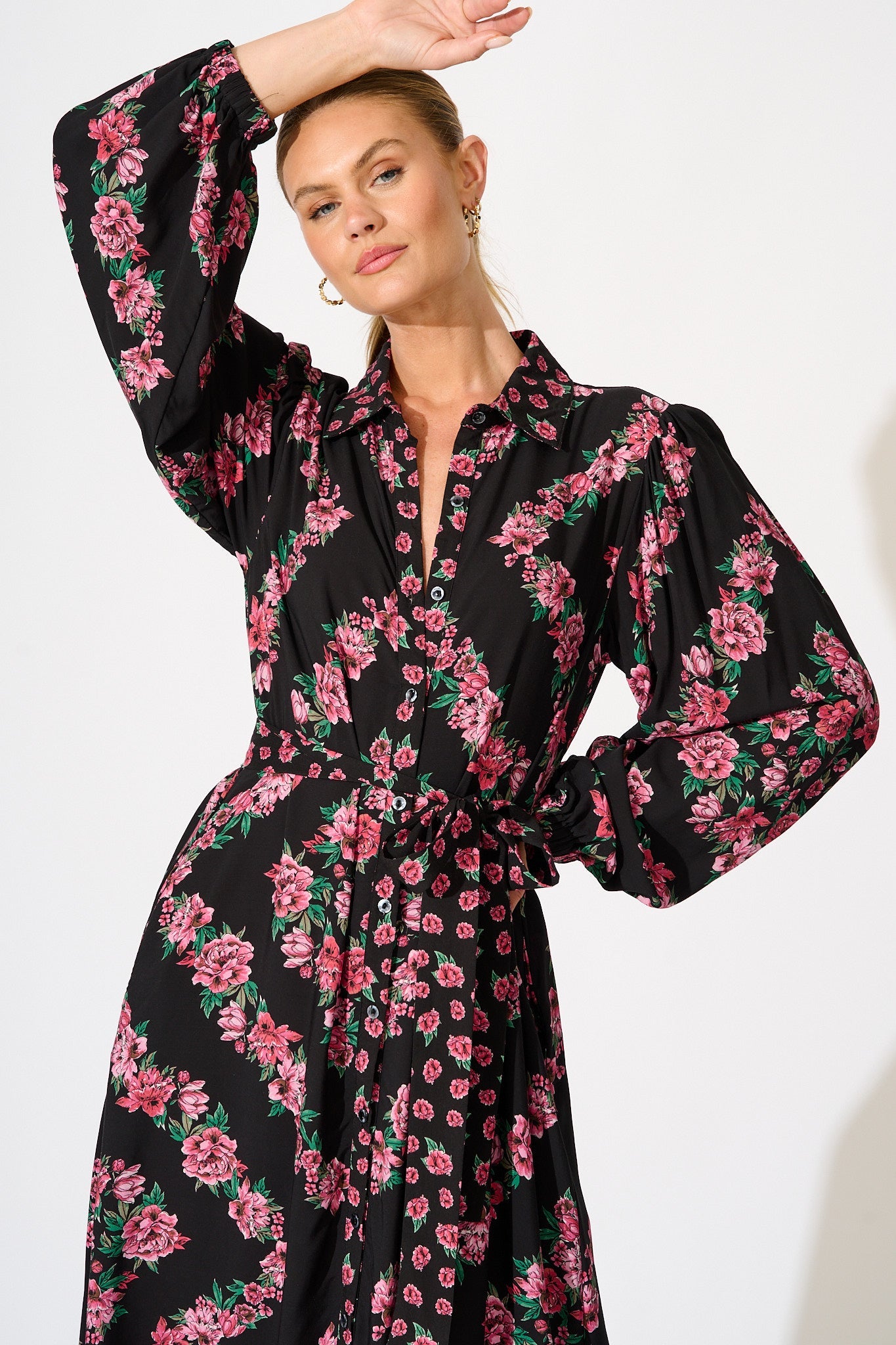 Harlee Midi Shirt Dress in Black with Pink Floral