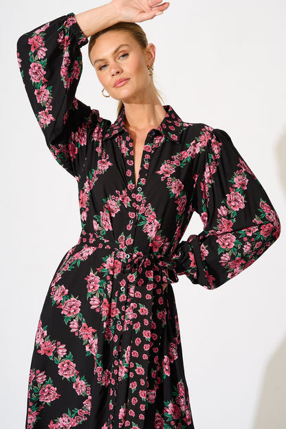 Harlee Midi Shirt Dress in Black with Pink Floral