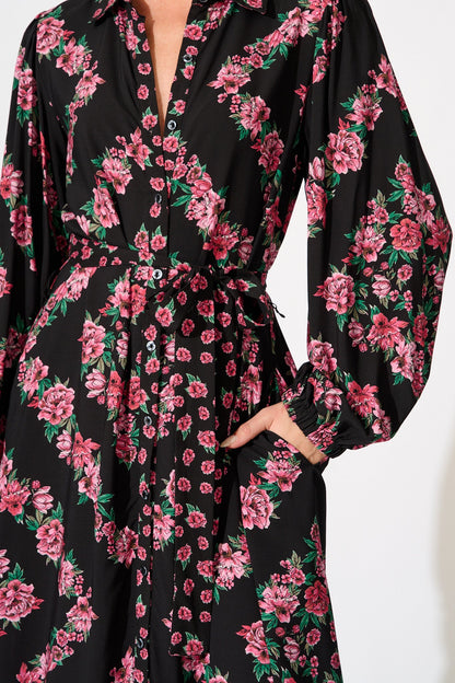Harlee Midi Shirt Dress in Black with Pink Floral