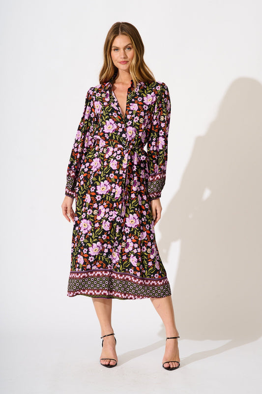 Payton Midi Shirt Dress in Black Multi Floral