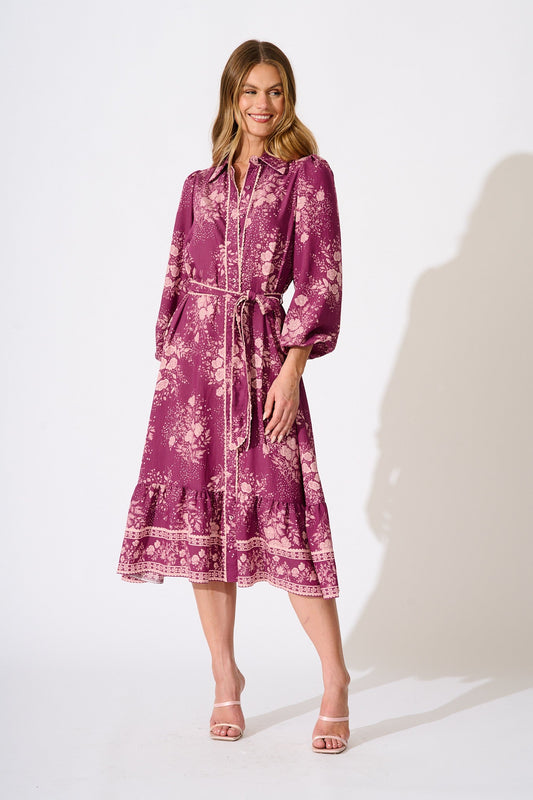 Josephina Midi Shirt Dress in Purple with Pink Floral