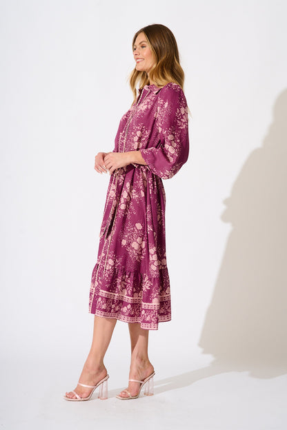 Josephina Midi Shirt Dress in Purple with Pink Floral