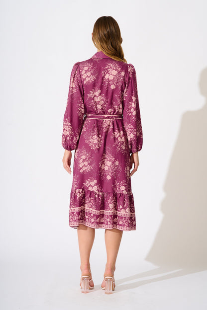 Josephina Midi Shirt Dress in Purple with Pink Floral