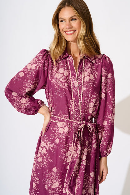 Josephina Midi Shirt Dress in Purple with Pink Floral