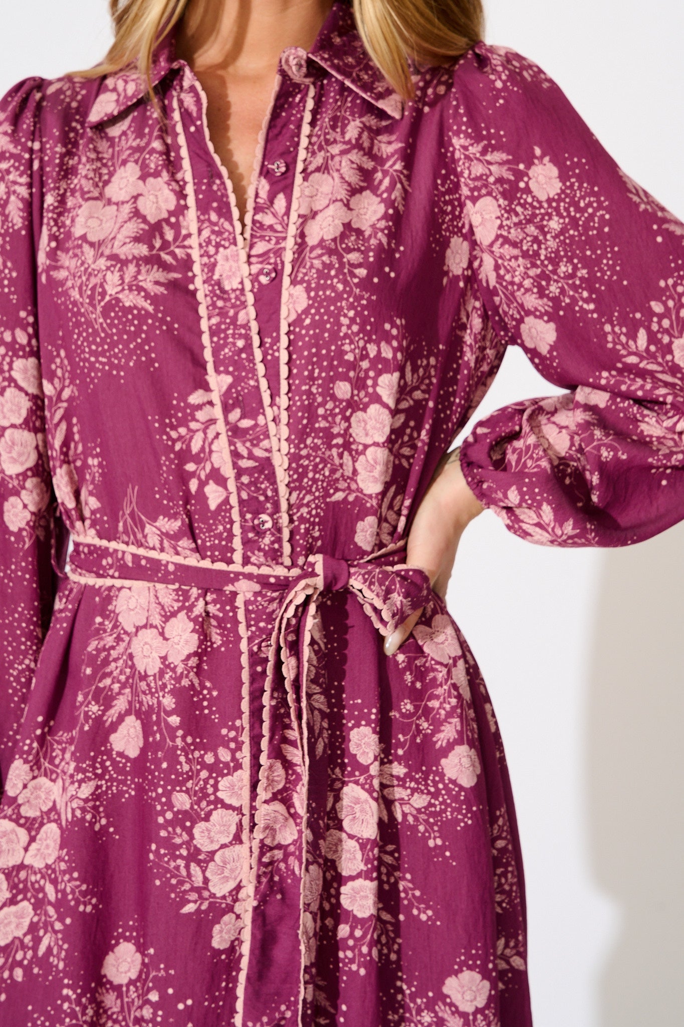 Josephina Midi Shirt Dress in Purple with Pink Floral