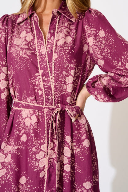 Josephina Midi Shirt Dress in Purple with Pink Floral