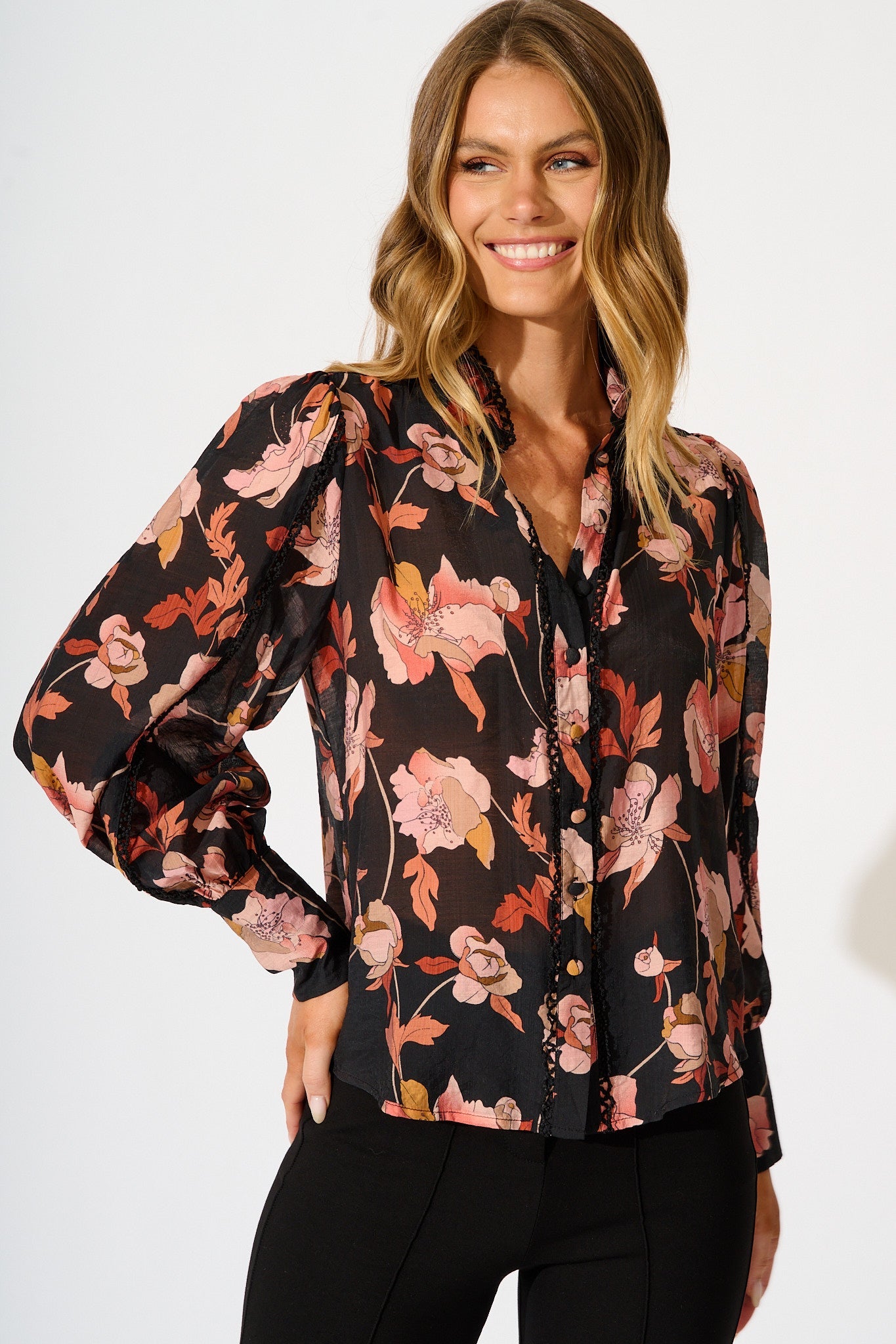 Davies Shirt in Black Floral with Black Lace Trim