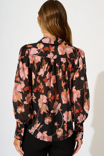 Davies Shirt in Black Floral with Black Lace Trim