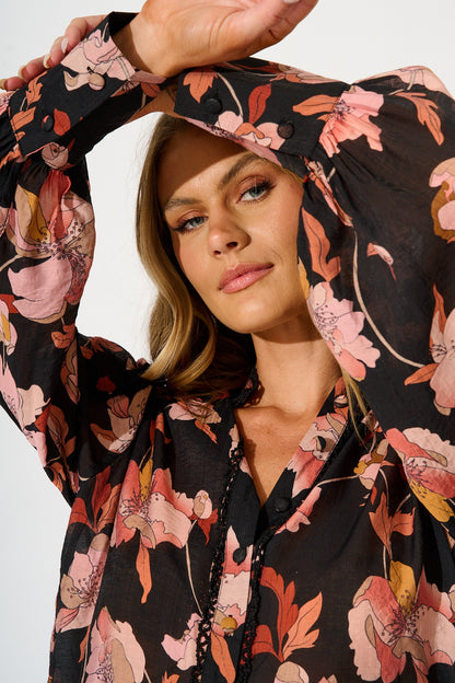 Davies Shirt in Black Floral with Black Lace Trim