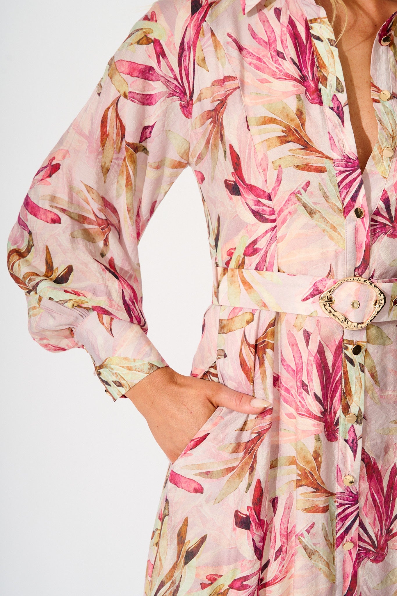 Lira Midi Shirt Dress in Pink Leaf Print