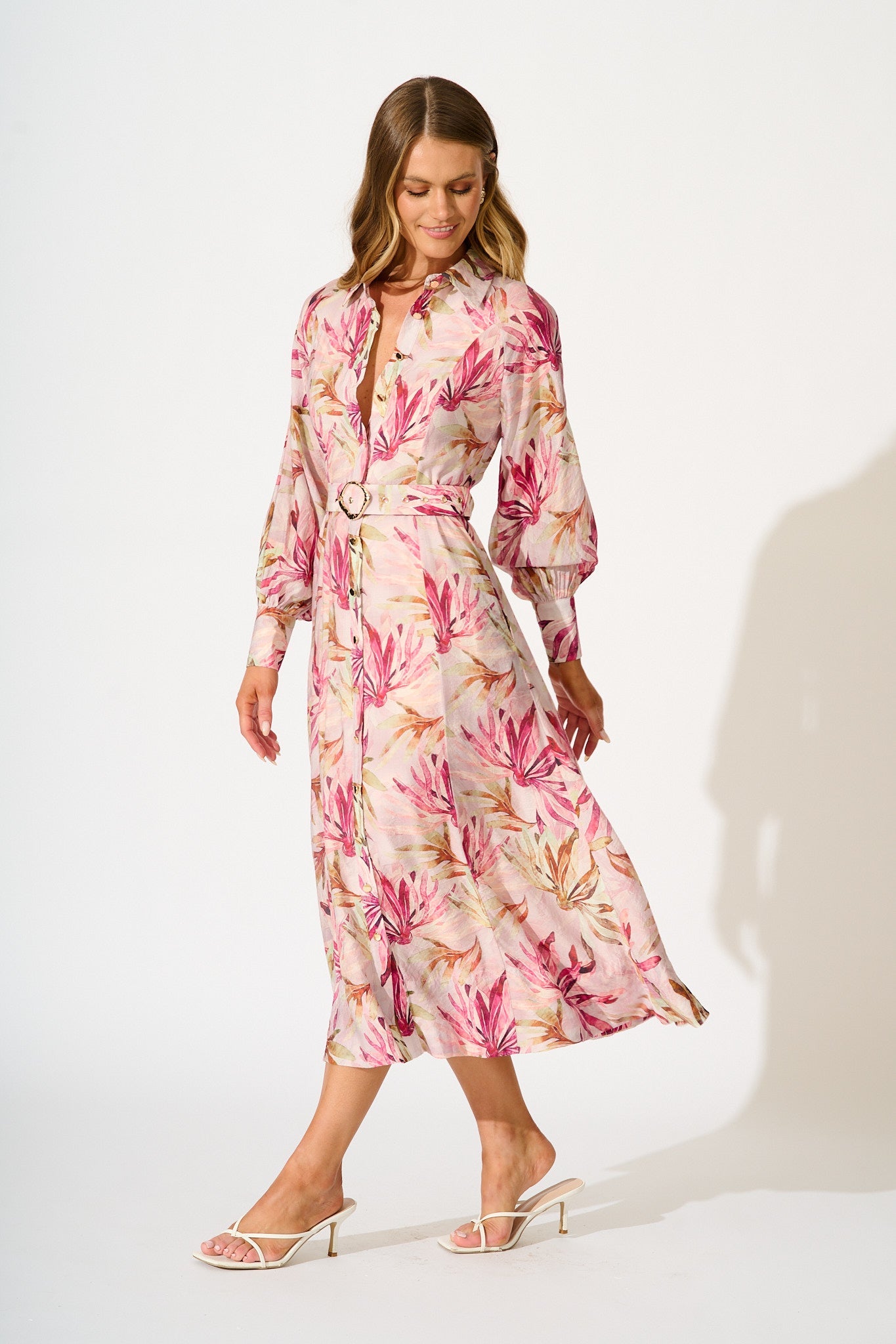 Lira Midi Shirt Dress in Pink Leaf Print