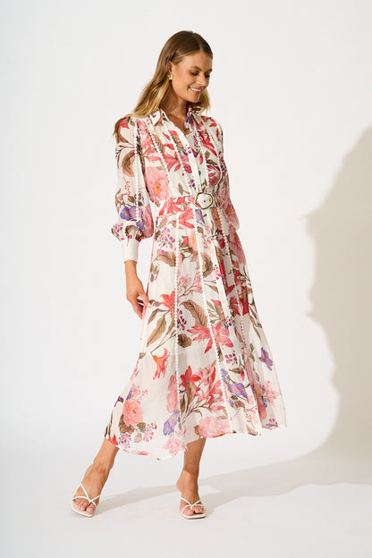 Lovingly Maxi Shirt Dress in White with Multi Floral