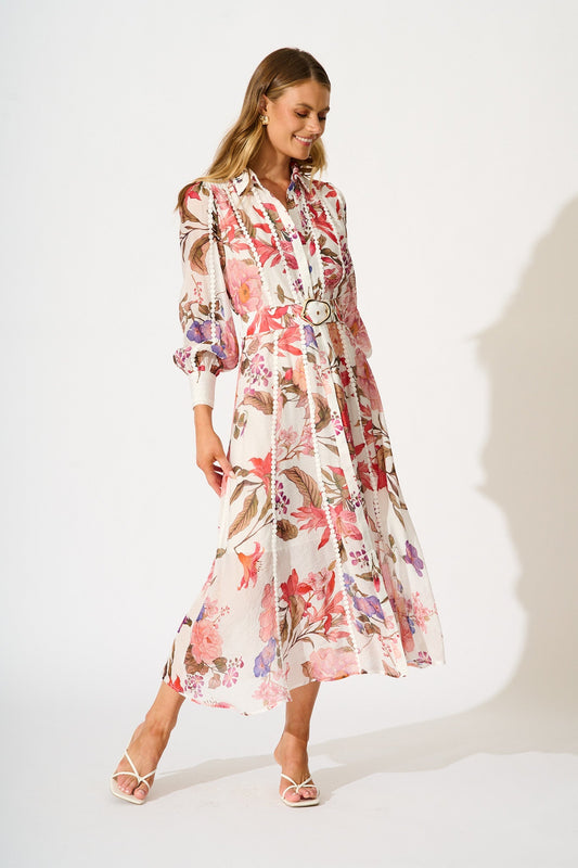 Lovingly Maxi Shirt Dress in White with Multi Floral