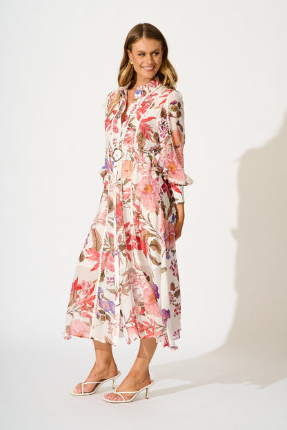Lovingly Maxi Shirt Dress in White with Multi Floral