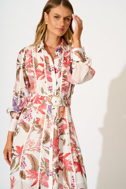 Lovingly Maxi Shirt Dress in White with Multi Floral