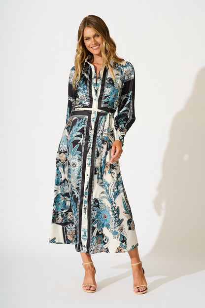 Newman Maxi Shirt Dress in Black and Blue Floral