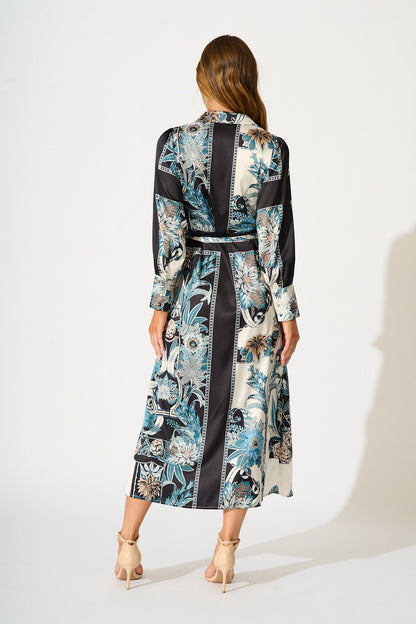 Newman Maxi Shirt Dress in Black and Blue Floral
