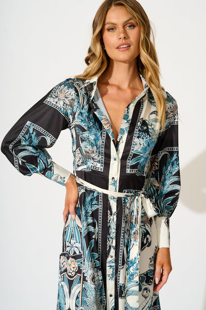Newman Maxi Shirt Dress in Black and Blue Floral