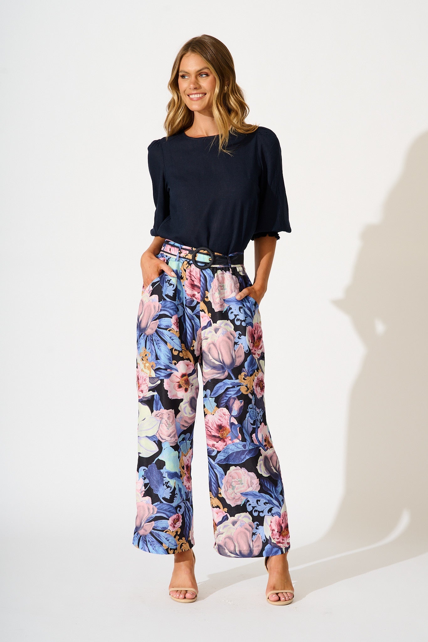 Fantasy Pant in Multi Blue Floral Linen Blend