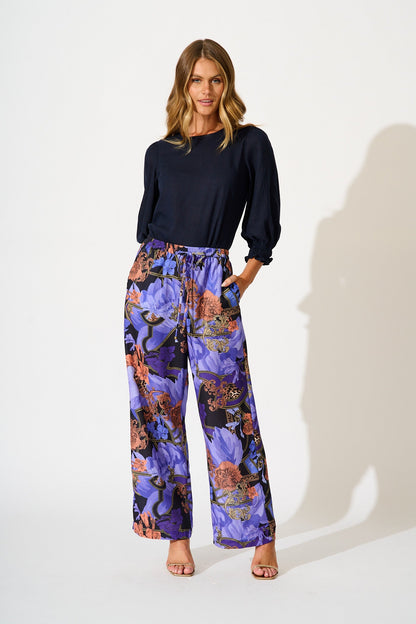 Midnight Dahlia Pant in Blue with Multi Linen Blend