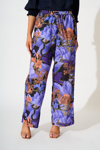 Midnight Dahlia Pant in Blue with Multi Linen Blend