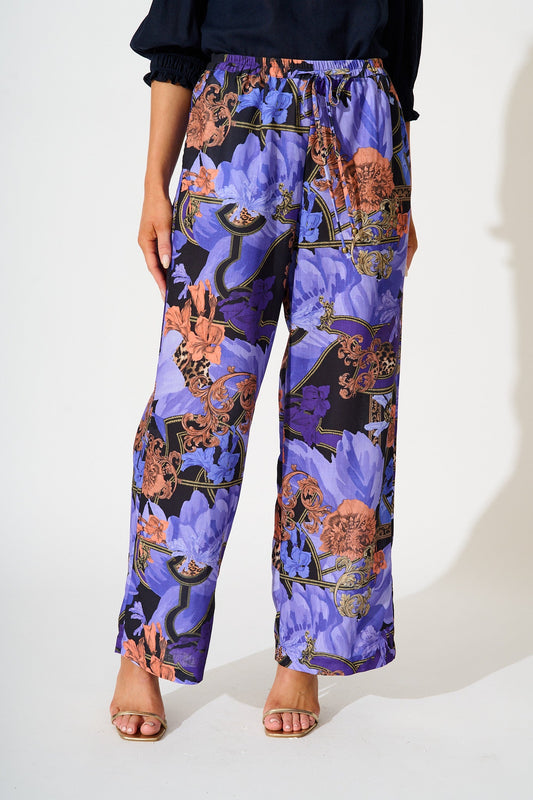Midnight Dahlia Pant in Blue with Multi Linen Blend