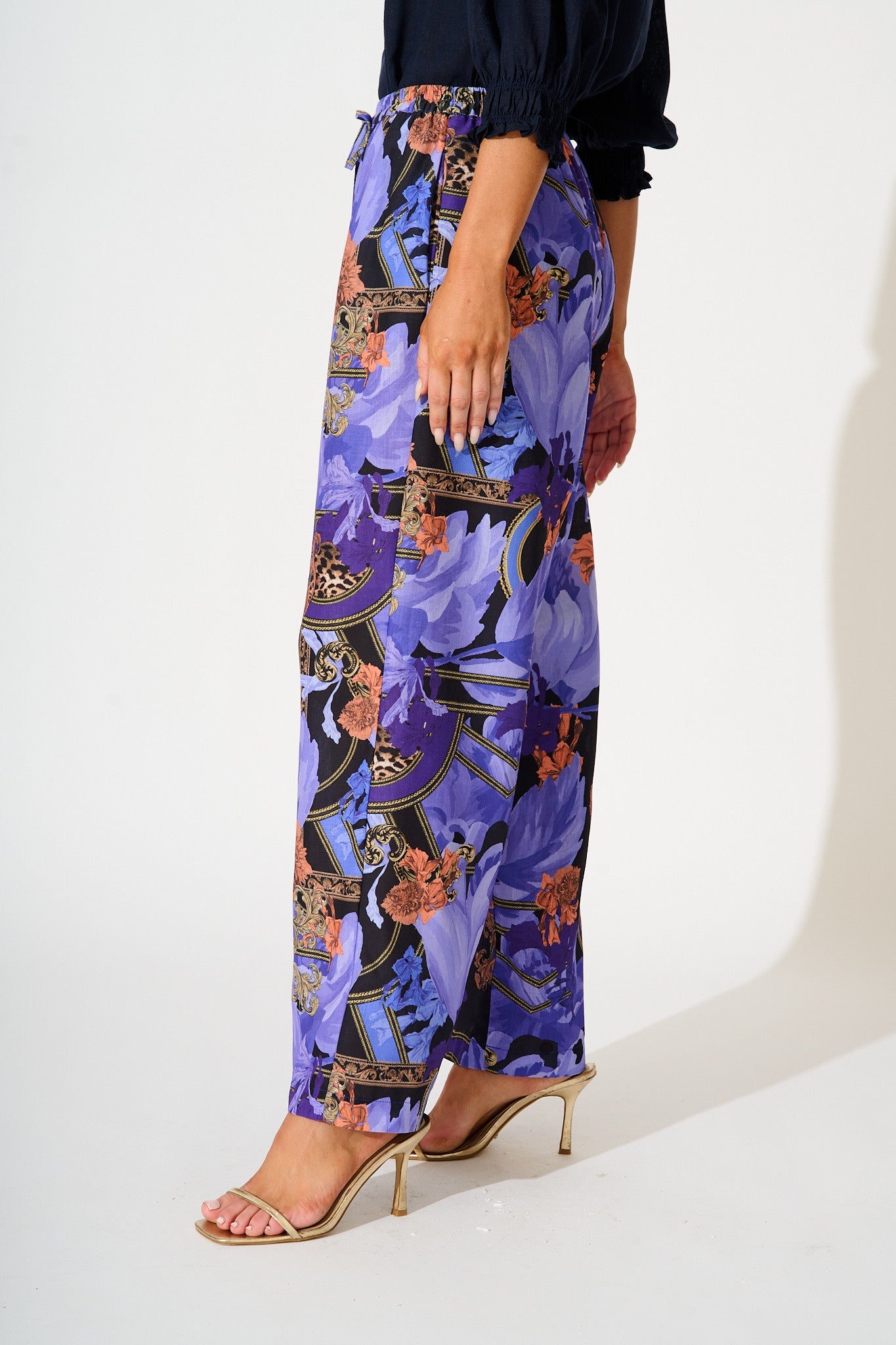 Midnight Dahlia Pant in Blue with Multi Linen Blend