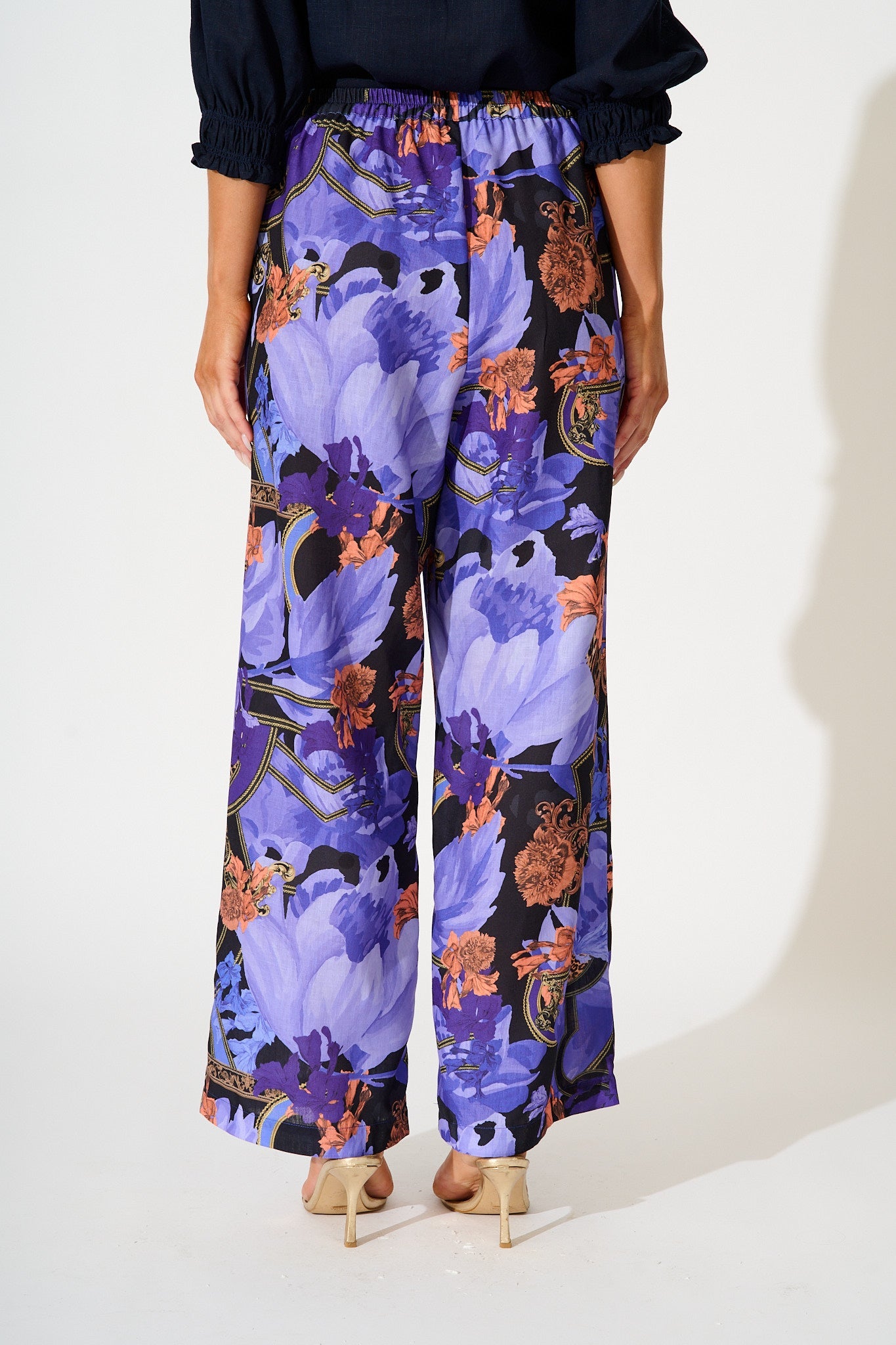Midnight Dahlia Pant in Blue with Multi Linen Blend