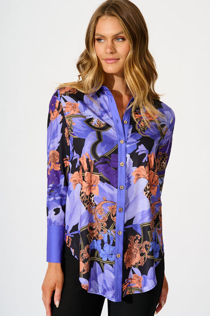 Twilight Peony Shirt in Blue with Multi Satin