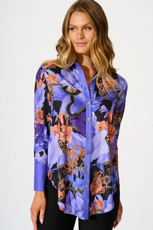 Twilight Peony Shirt in Blue with Multi Satin