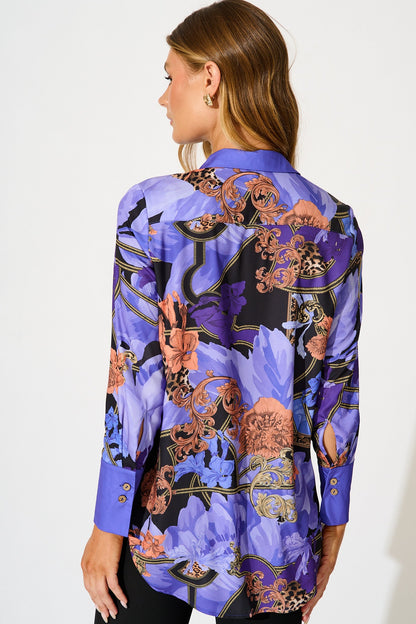 Twilight Peony Shirt in Blue with Multi Satin