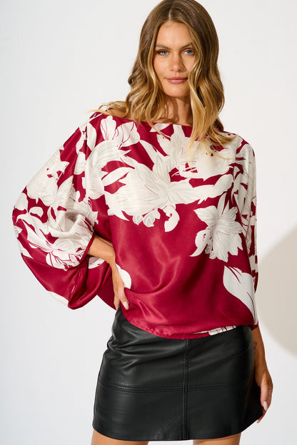 Darcy Off Shoulder Top in Red with White Floral Print Satin