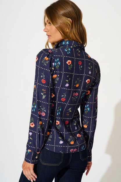 Petal Outline Shirt in Navy with Multi Floral