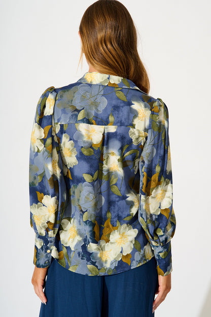 Nolita Shirt in Multi Blue Floral Print Satin