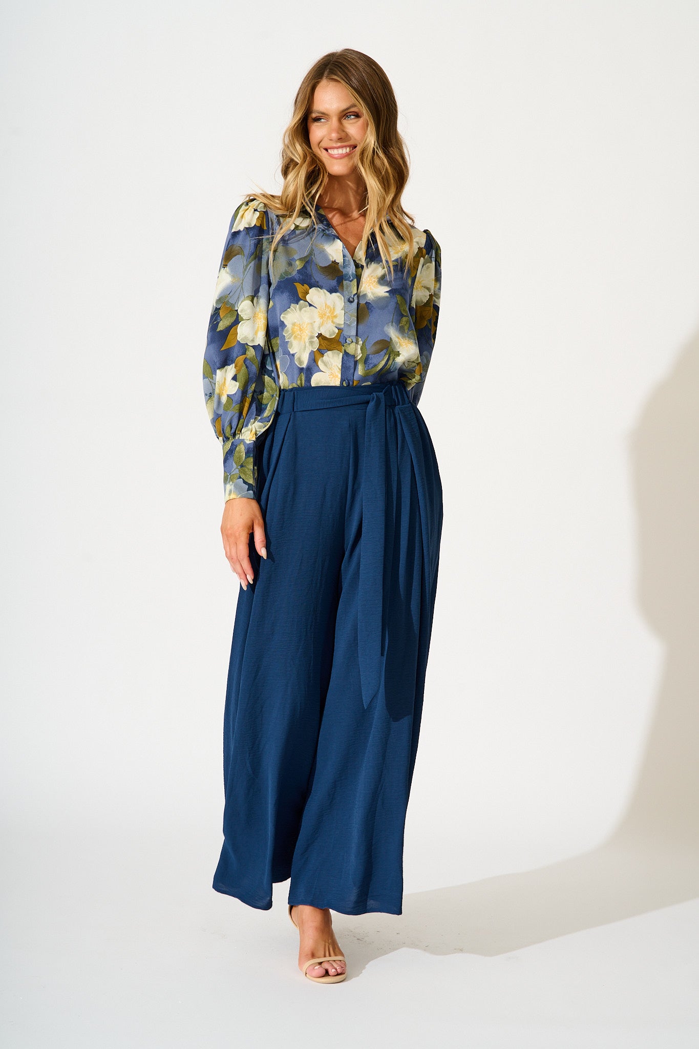 Nolita Shirt in Multi Blue Floral Print Satin