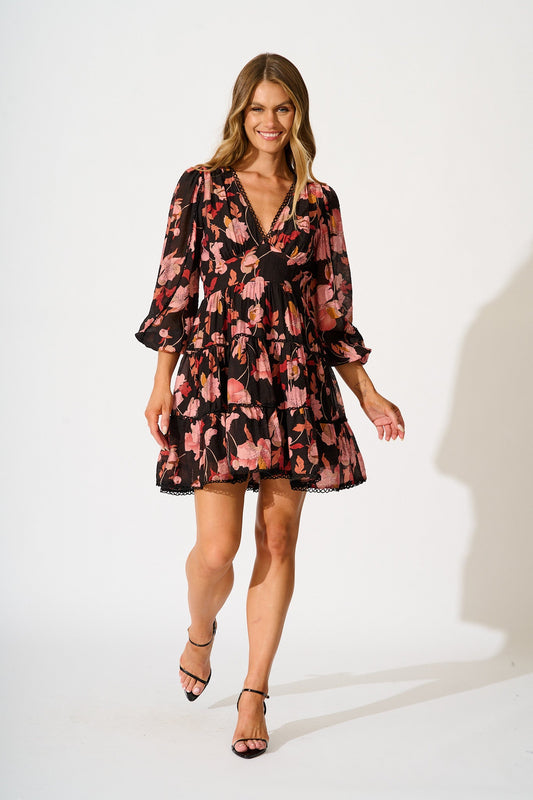 Riverstone Dress in Black Floral with Black Lace Trim