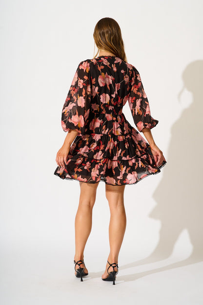 Riverstone Dress in Black Floral with Black Lace Trim